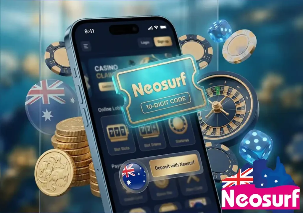 Secure Neosurf payment gateway for Australian online casinos featuring a digital voucher and AUD currency.